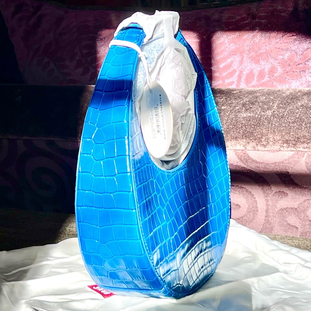 🌺🎉2XHP🎉🌺 NWT Staud Mini Moon Crocodile Embossed Bag Island Blue - Picture 6 of 16
